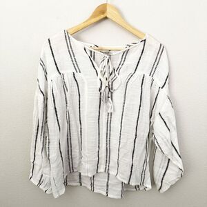 CRÈME FRAICHE | NWT White Black Peasant Boho Top Blouse Stripe Tie Neck | Medium